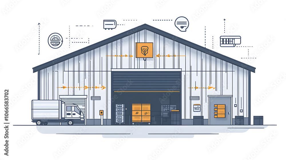Poster A modern warehouse illustration featuring a large loading dock, storage areas, and various logistical icons highlighting efficiency and functionality.