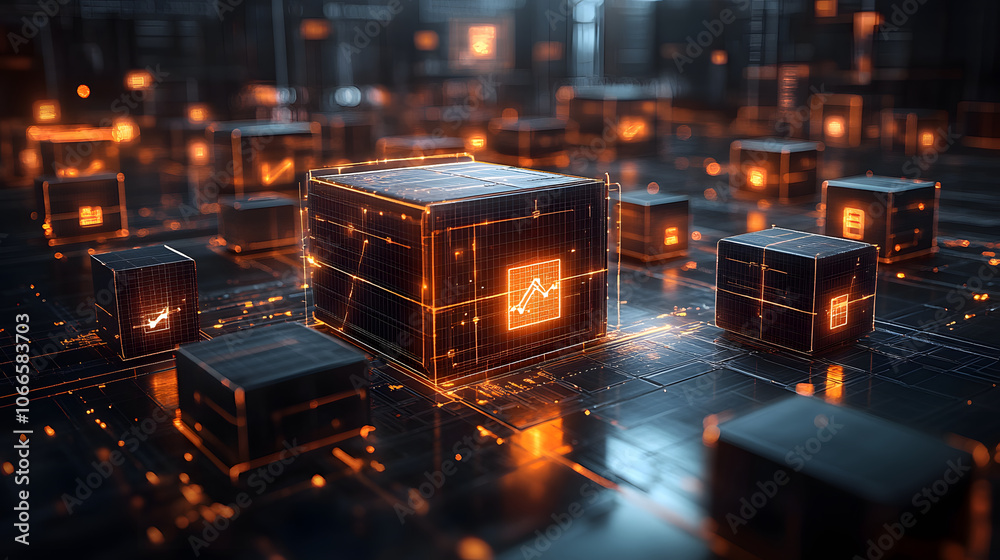 Fototapete A visually striking digital landscape featuring glowing cubes interconnected by intricate circuitry, symbolizing advanced technology and data processing.