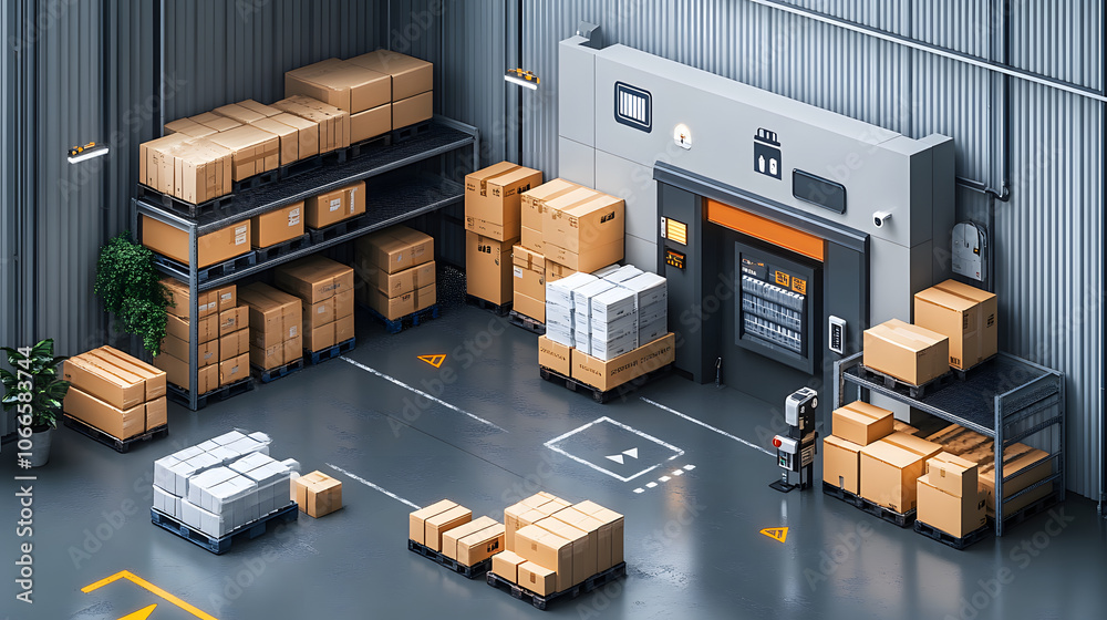 Poster a modern warehouse scene filled with neatly stacked boxes, storage racks, and an entrance, creating 