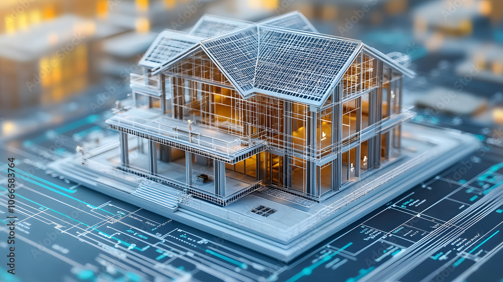 Poster a modern architectural design featuring a detailed house model on a digital blueprint, representing 