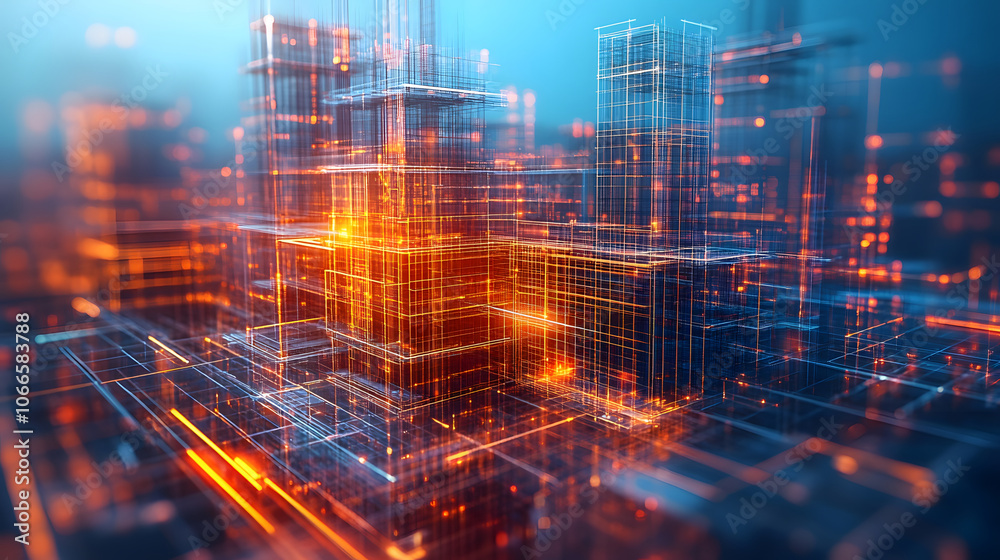 Poster A vibrant, futuristic cityscape with glowing structures and digital elements, representing advanced technology and urban innovation.
