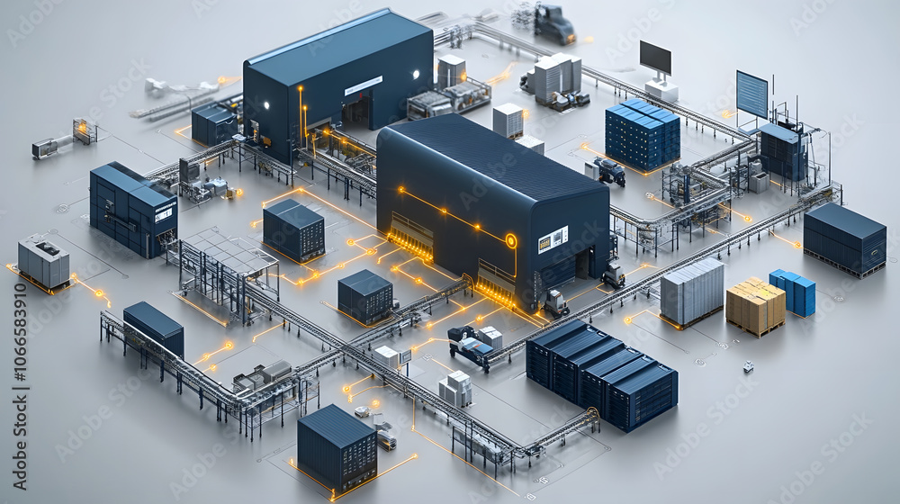 Poster an aerial view of a modern industrial layout featuring interconnected containers, warehouses, and pa