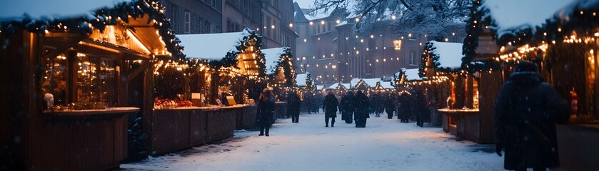 Obraz premium A Snowy Night at a Christmas Market with Illuminated Wooden Stalls