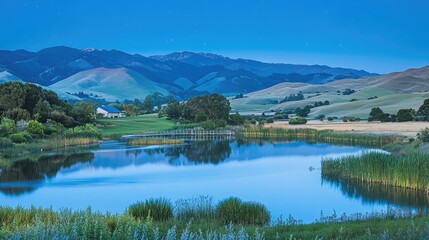 Naklejka premium Serene Landscape with Lake and Mountain Background