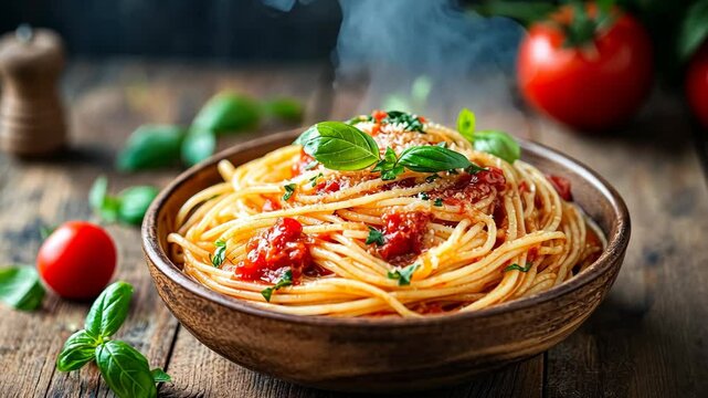 A steaming bowl of spaghetti with tomato sauce, basil, and parmesan cheese sits on a wooden table
