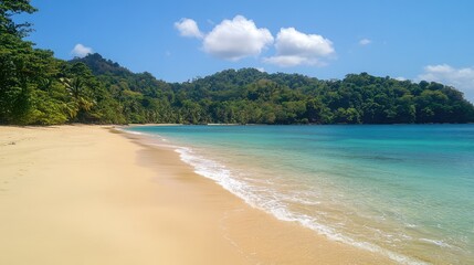 Serene Beach with Clear Water and Lush Greenery