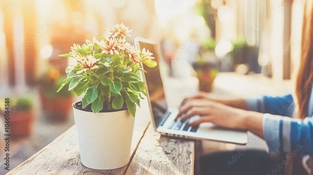 Poster Create an inspiring professional desk setup with technology featuring a close-up of a laptop and a charming plant
