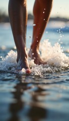 Close-up of a person's feet stepping into icy water, splashing droplets on New Year's Day