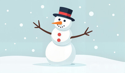 1.	Flat vector illustration, a large snowman with a carrot nose and a top hat, minimal snowy background, simple shapes and bold colors, concept of winter fun and creativity 