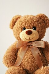 Obraz premium A brown teddy bear with a gold bow, isolated on a white background.