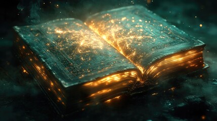 An old, leather-bound book glows with an otherworldly, golden light.