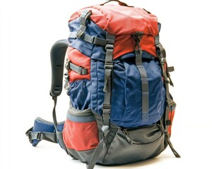 A red and blue backpack isolated on a white background.