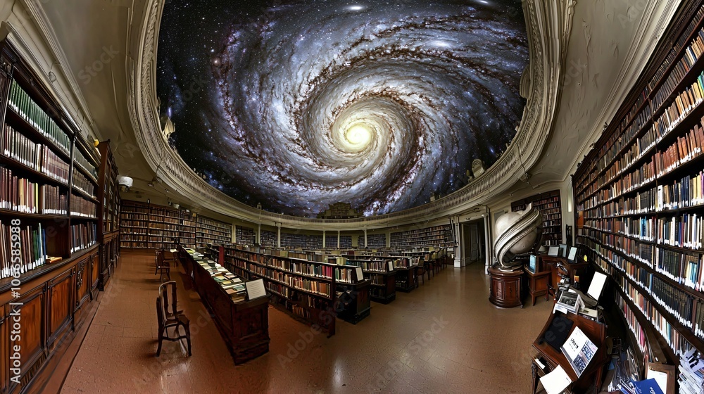 Poster Explore the enchanting design of a spiral galaxy library with multi-level book collections