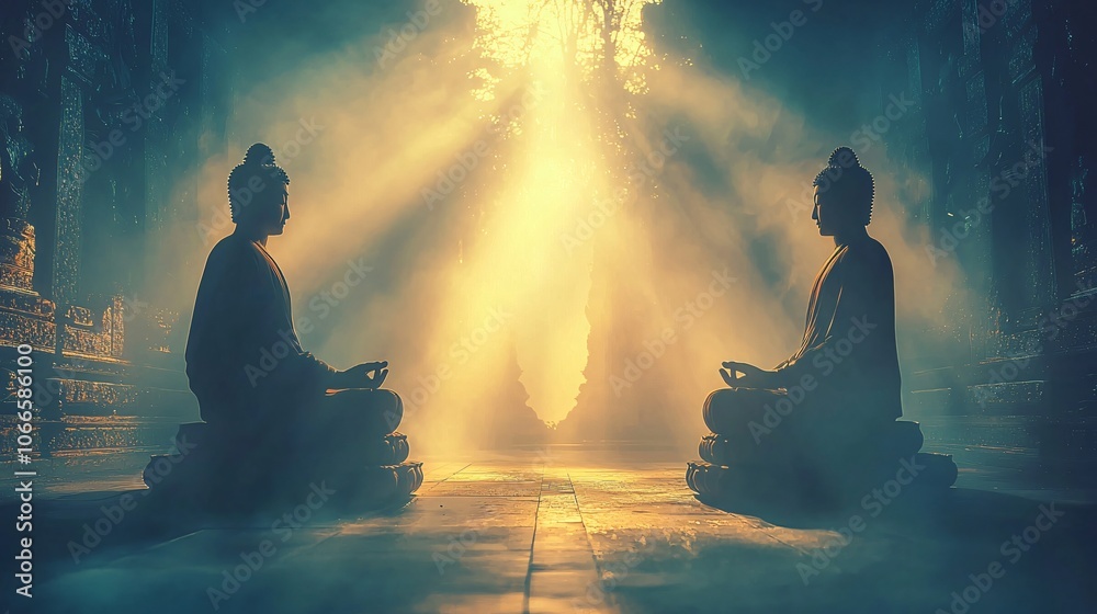 Aufkleber experience tranquility in an ancient temple a serene meditation scene illuminated by divine beams of