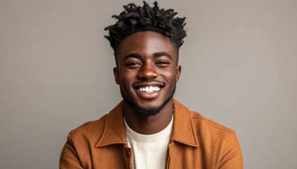 Portrait of a smiling young man with dreadlocks against a grey background.