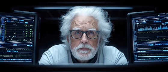 A focused elderly man with white hair and glasses sits before glowing screens filled with data, conveying an atmosphere of advanced technology and deep contemplation.