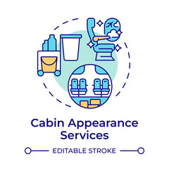 Cabin appearance services multi color concept icon. Trash cleaning, hygiene. Aircraft maintenance. Round shape line illustration. Abstract idea. Graphic design. Easy to use in infographic
