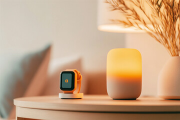 Orange smartwatch charging on a wireless dock next to a smart lamp on a nightstand in a cozy bedroom