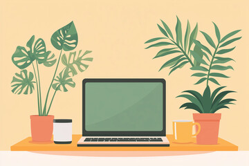 Laptop on a plain light yellow wall background, indoor flowers on the table. Cozy home office work environment
