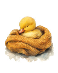 Watercolor cozy yellow duckling. Baby chicken. A wonderful cute illustration for a child's room.