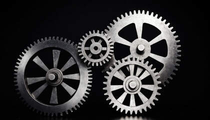 metal gears, perfect lighting, spot light with dark background