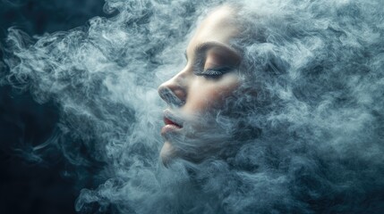 A woman's face is partially obscured by smoke, creating an ethereal and mysterious atmosphere.