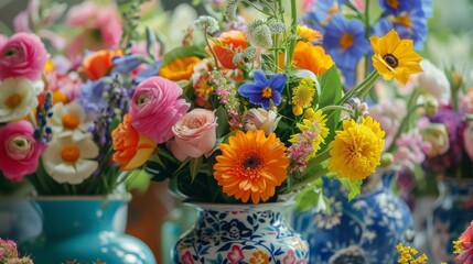 The smell of fresh flowers fills the air with beautiful bouquets created by a local florist and displayed in handpainted vases.
