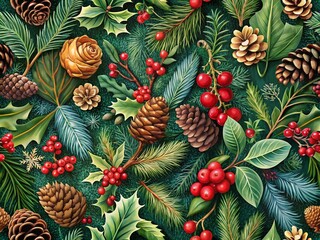 Fototapeta premium Botanical Christmas Seamless Pattern Wallpaper: Winter Floral Design with Pine Cones, Berries, and Evergreens for Festive Home Decor and Seasonal Celebrations