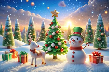 Obraz premium 3D New Year 2025 Panoramic Snowscape with Santa, Snowman, Reindeer, Trees & Candy Canes
