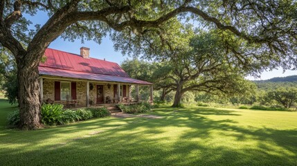 Rustic Stone Farmhouse Red Metal Roof Lush Green Lawn Shady Trees Countryside