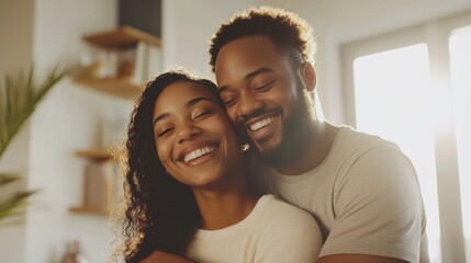 Fototapeta premium Man and woman embracing in a bright room, smiling and celebrating a property deal. Simple background, emphasizing their connection and happiness.