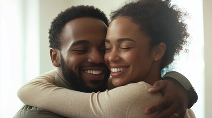 Obraz premium Man and woman embracing in a bright room, smiling and celebrating a property deal. Simple background, emphasizing their connection and happiness.