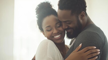 Obraz premium Man and woman embracing in a bright room, smiling and celebrating a property deal. Simple background, emphasizing their connection and happiness.