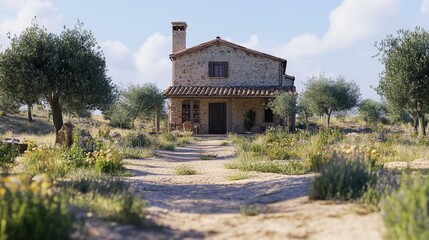 Obraz premium Rustic Stone House Mediterranean Olive Grove Sunny Landscape