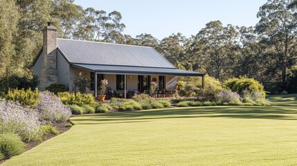 Obraz premium Rural Cottage Home Garden Landscape Sunny Day