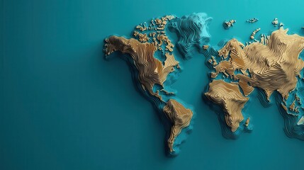 3D relief map of the world with vibrant colors and textures isolated on a blue background