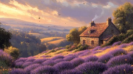 Serene Lavender Fields Sunset Cottage Landscape Painting