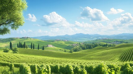 Fototapeta premium Serene Vineyard Landscape Under Clear Blue Sky