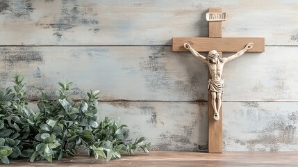 Religious crucifix cross upright on wooden table background with copy space 