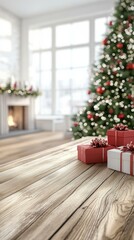 Presents under a decorated Christmas tree. AI.