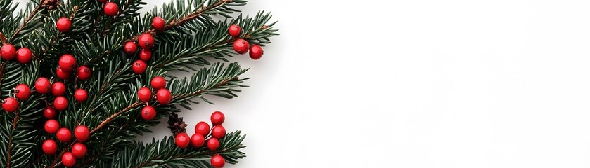Green Pine Branch with Red Berries on White Background