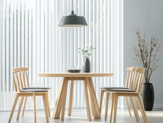 Minimalist dining room with wooden table and chairs. AI.