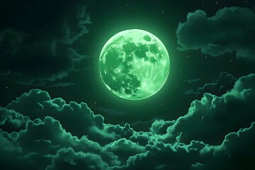 Obraz premium Green Night Sky with Green Moon and Clouds