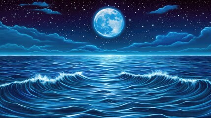 Serene Night Ocean with Moon and Stars