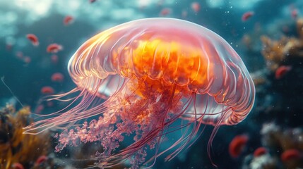 A luminous orange jellyfish with long, flowing tentacles swims through a vibrant underwater world.