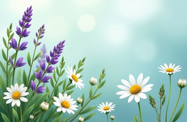 Beautiful and simple lavender and daisies on a blue background.