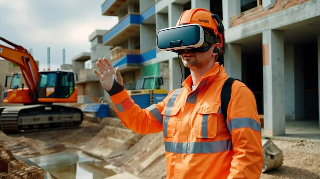 ai and technology assistant in industrial concept, an engineer using VR glass headset at construction site 