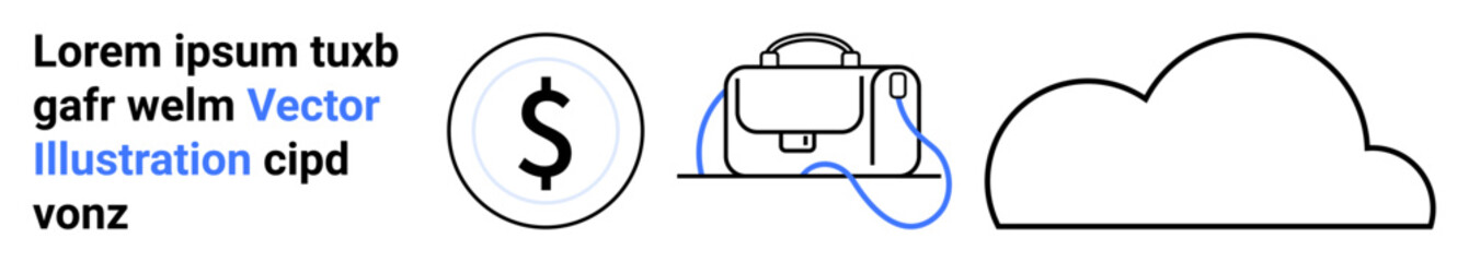 Black dollar sign inside circle, a light blue bag connected with a blue line, and a black cloud outline. Ideal for finance, business, marketing, apps, websites, presentations, and education. Landing