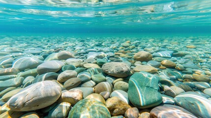 Serene Lake with Visible Pebbles, a tranquil scene showcasing crystal-clear water revealing smooth pebbles beneath, surrounded by nature's calm beauty.