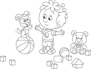 Happy little boy playing with his small cheerful puppy balancing on a striped ball among scattered toys in a nursery, black and white outline vector cartoon illustration for a coloring book page